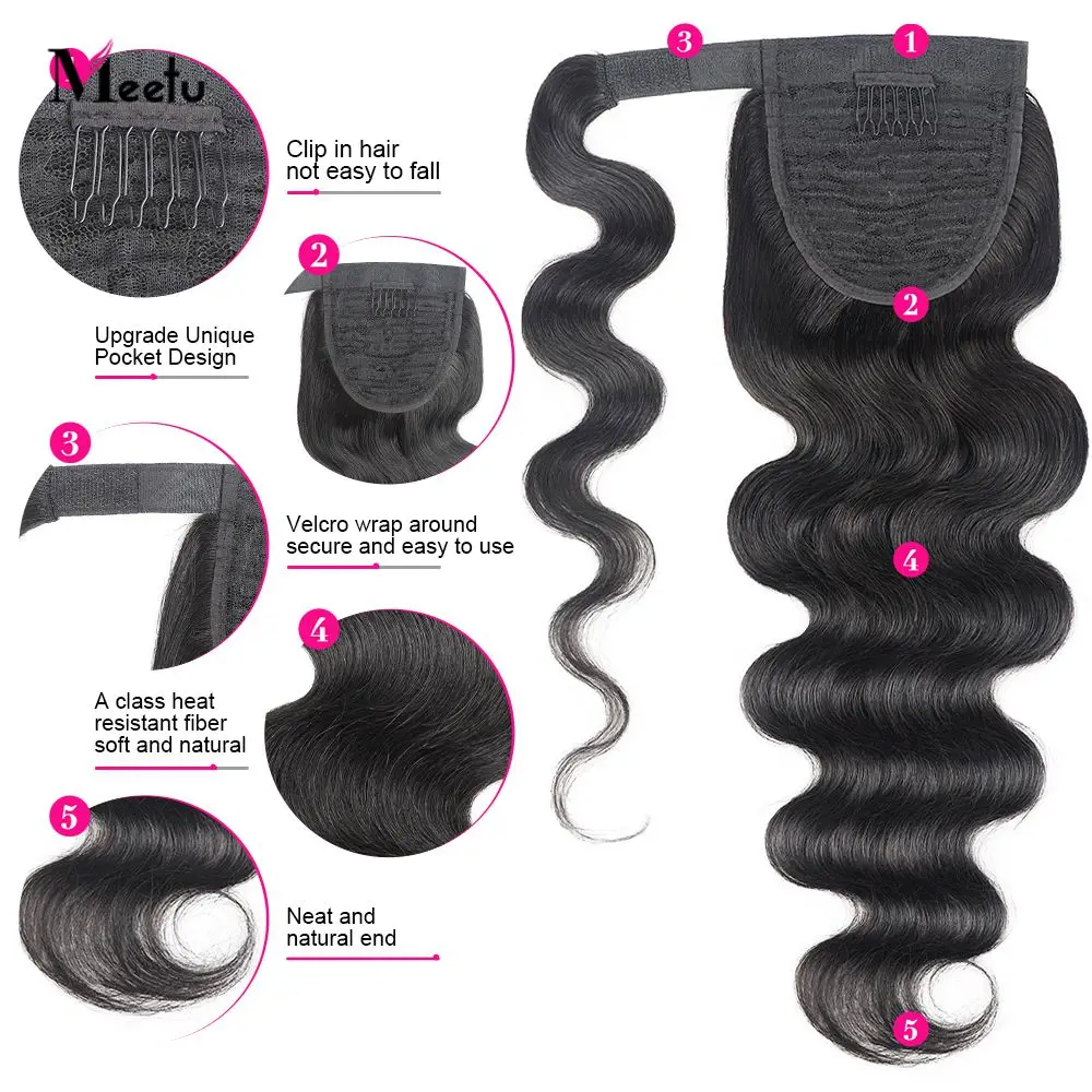 Meetu – Extensions queue de cheval à enrouler, cheveux naturels Remy, Body Wave, couleur naturelle, avec Clip - Image 2