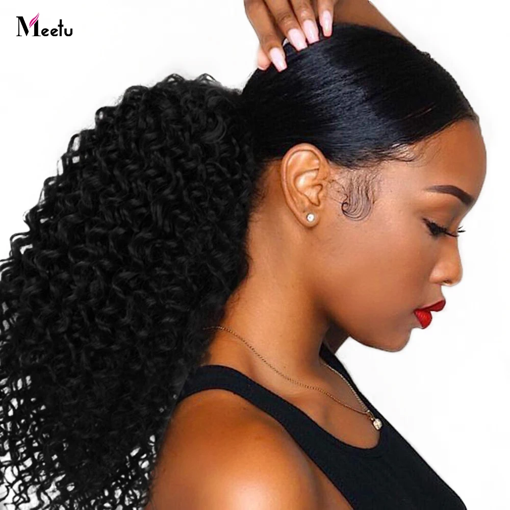 Meetu – Extensions de cheveux naturels Remy, queue de cheval frisée et bouclée, couleur naturelle, à enrouler