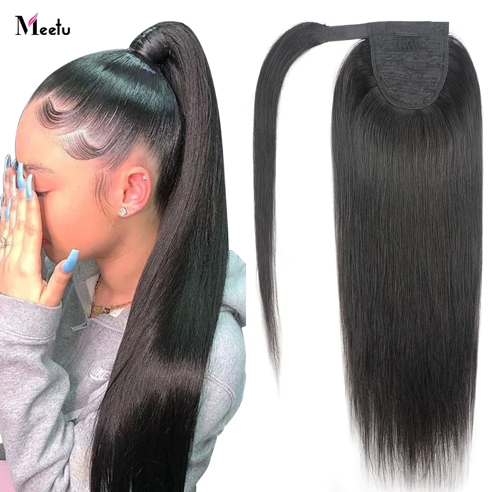 Meetu – Extensions de cheveux naturels Remy, queue de cheval à enrouler, lisses, couleur naturelle, avec Clip