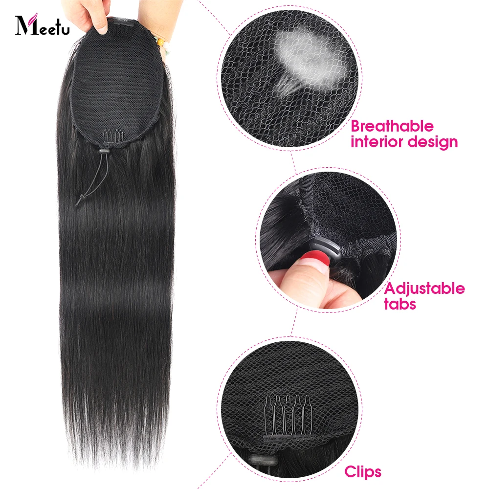Meetu – Extensions de cheveux naturels Remy, queue de cheval à enrouler, lisses, couleur naturelle, avec Clip - Image 3